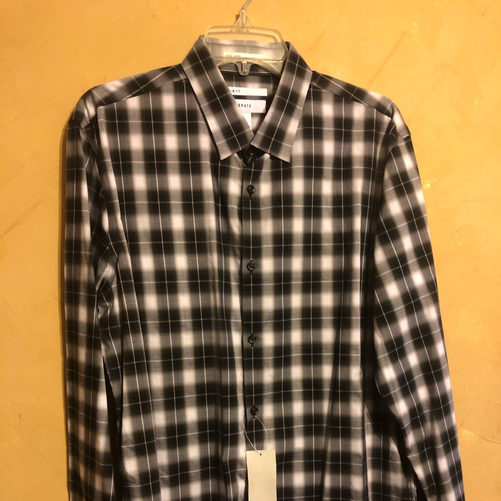 New Calibrate Sz L Slim Fit Men’s Plaid Shirt Blk white Cotton